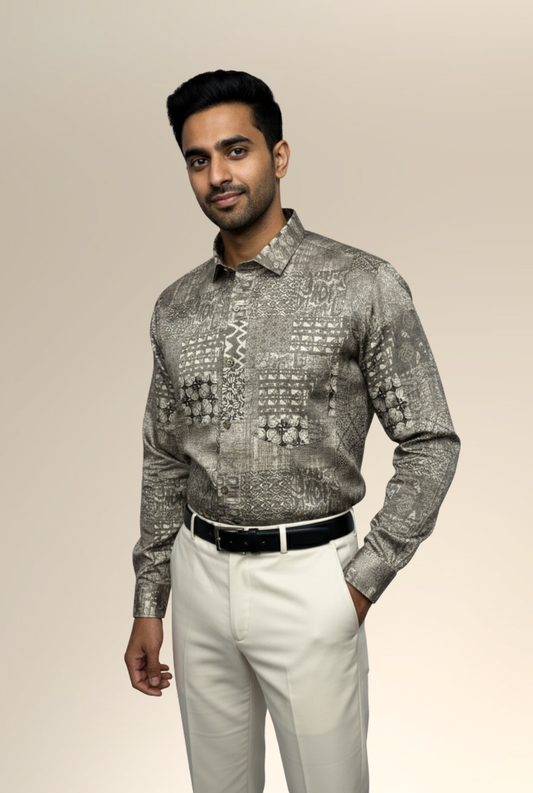 Men’s Satin Printed Shirt – Beige Grey Pattern | Full Sleeve Party Wear