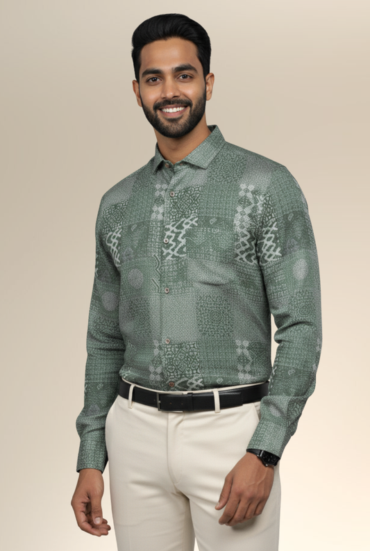 Men’s Satin Printed Shirt – Green Pattern | Full Sleeve Party Wear