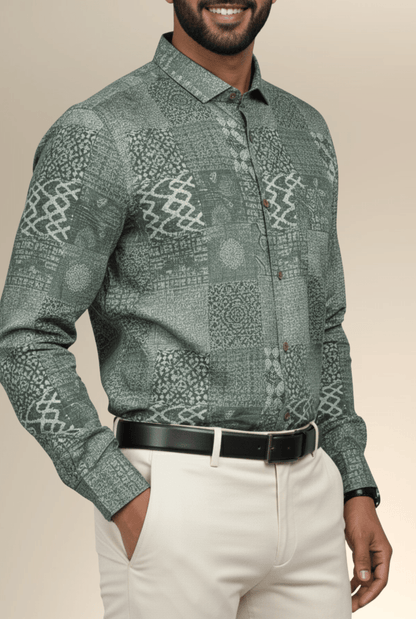 Stylish Green Satin Shirt with Unique Print – Men’s Full Sleeve Formal and Casual Wear
