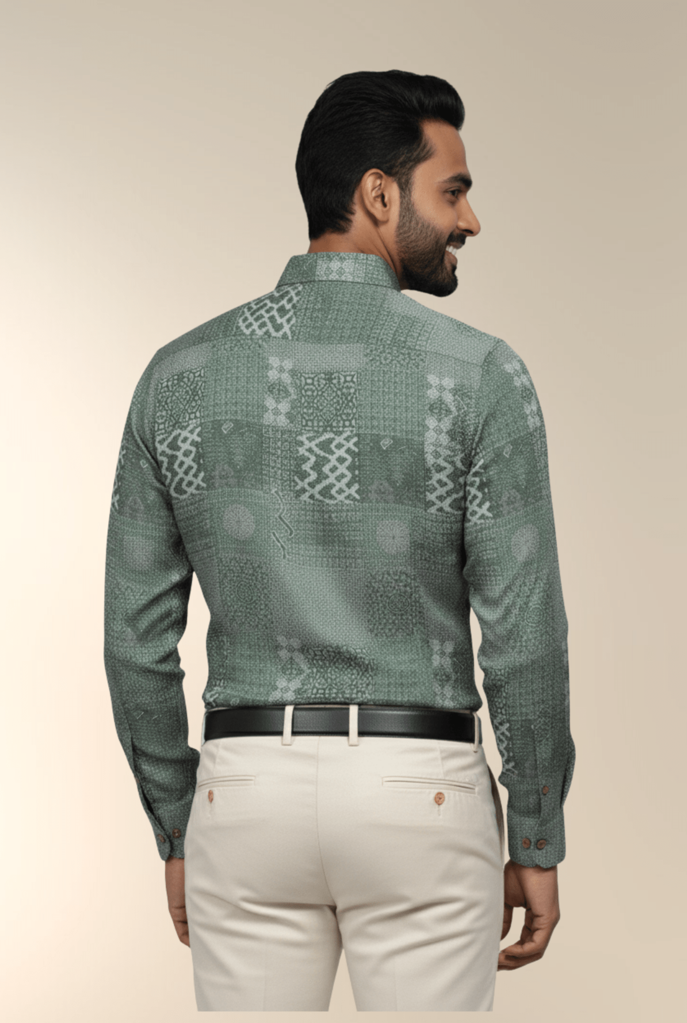 Back View – Men’s Green Satin Printed Shirt, Elegant Full Sleeves, Casual and Office Wear