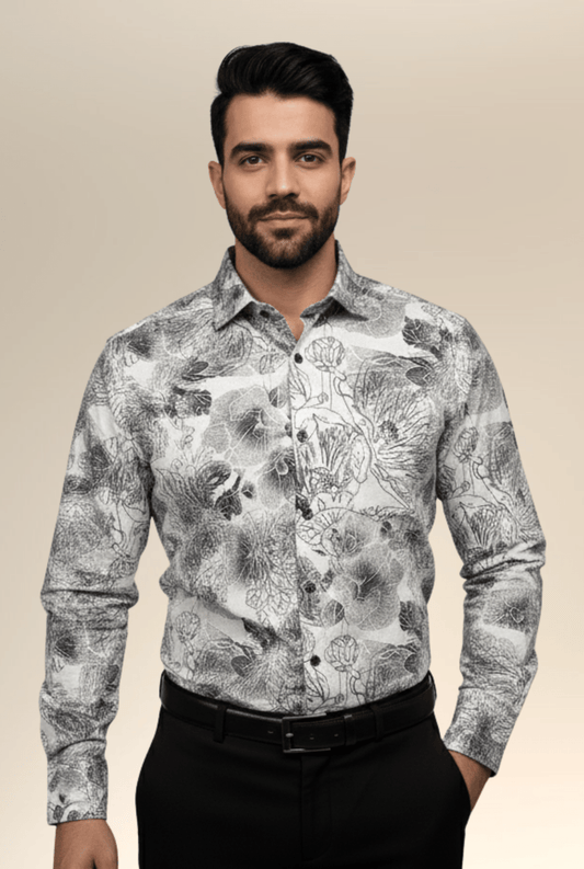 “Men’s black and white floral printed shirt front view – Kites Club”