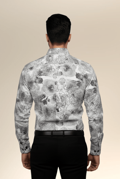 “Back view men’s black and white floral printed shirt full sleeve”