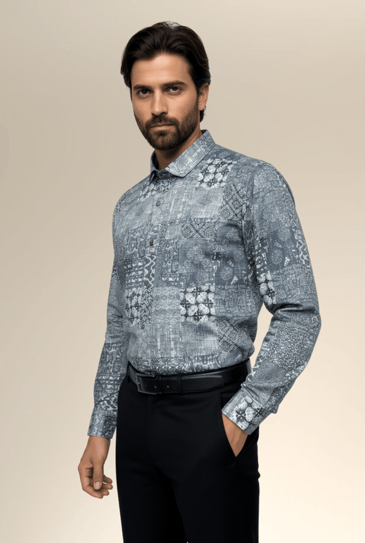 Model wearing Men’s Satin Printed Shirt in Grey Pattern – front view