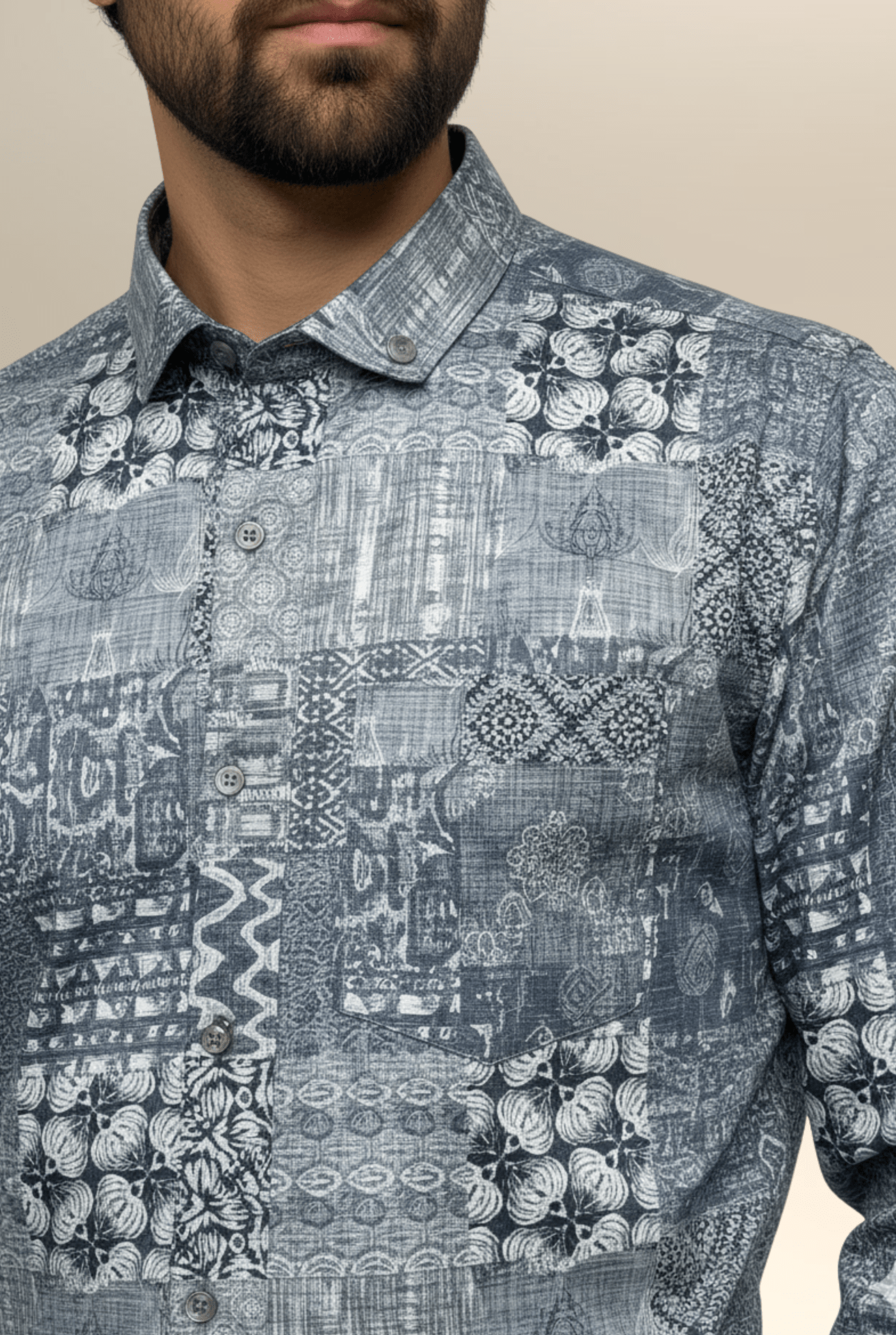 Close-up of grey pattern satin shirt – premium glossy fabric