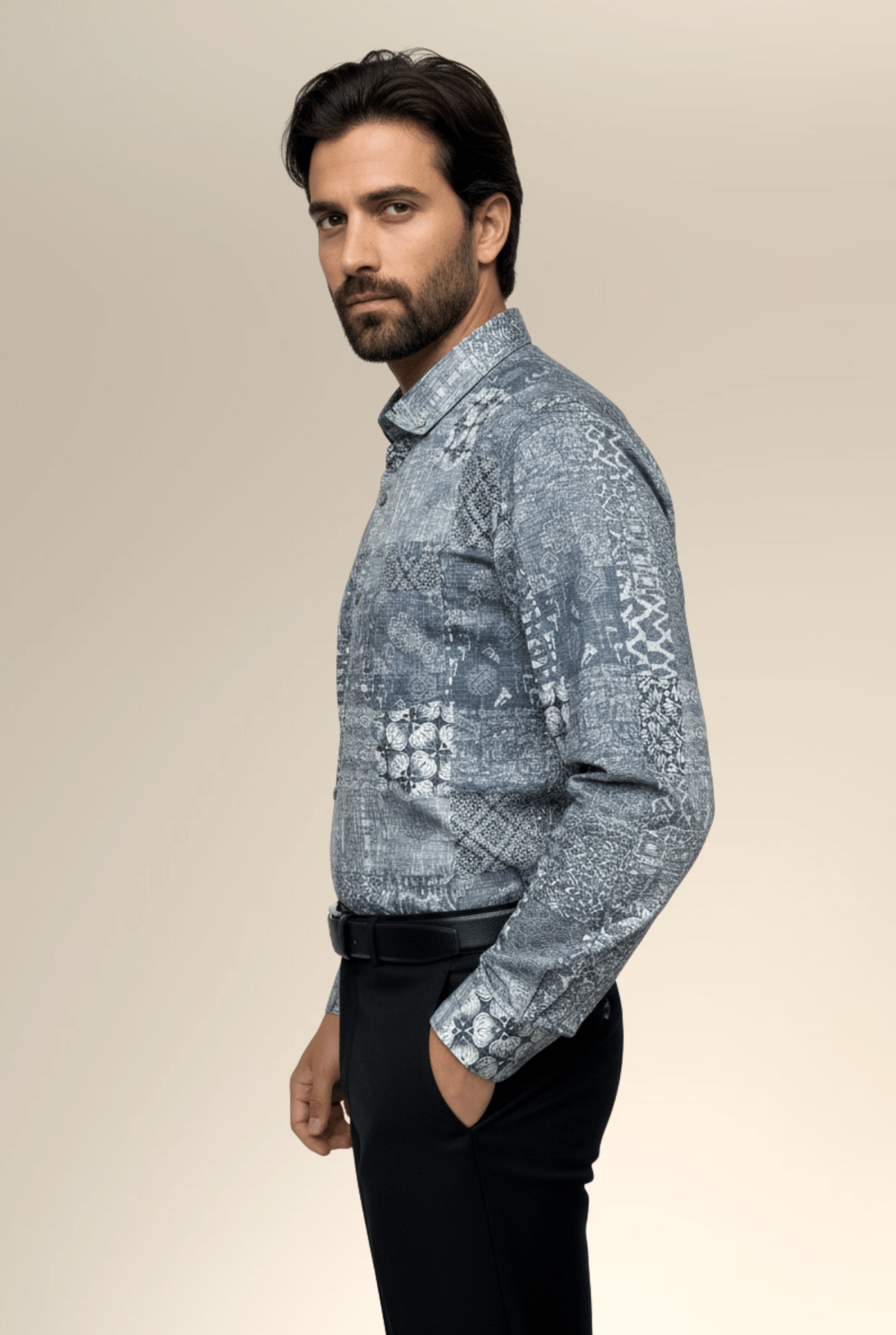 Side view of Men’s Satin Printed Shirt – elegant satin shine