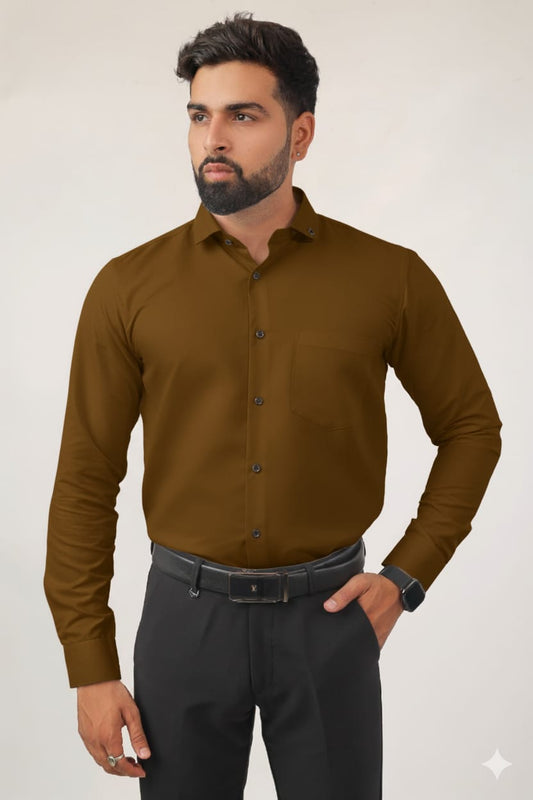 “Golden cotton men’s shirt slim fit front view – bold & stylish”