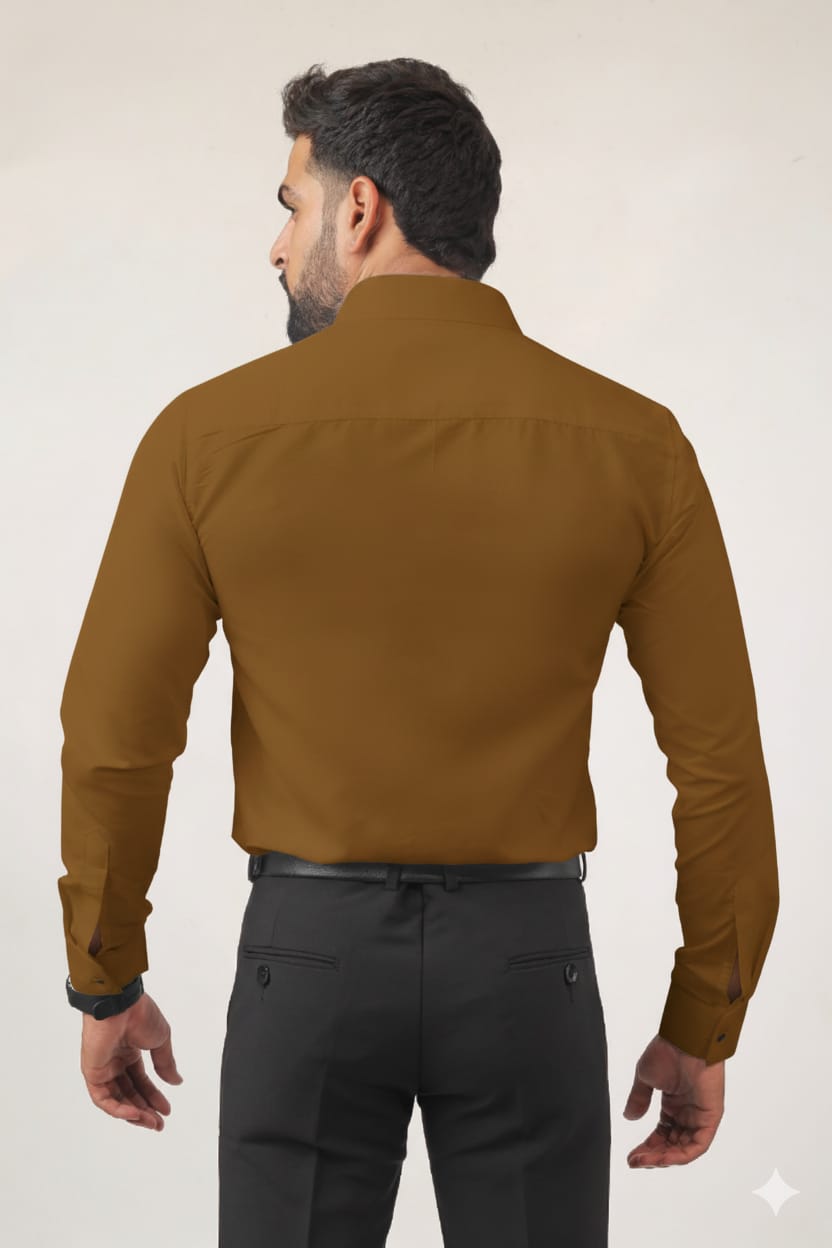 “Golden cotton men’s shirt back view – smart casual slim fit”