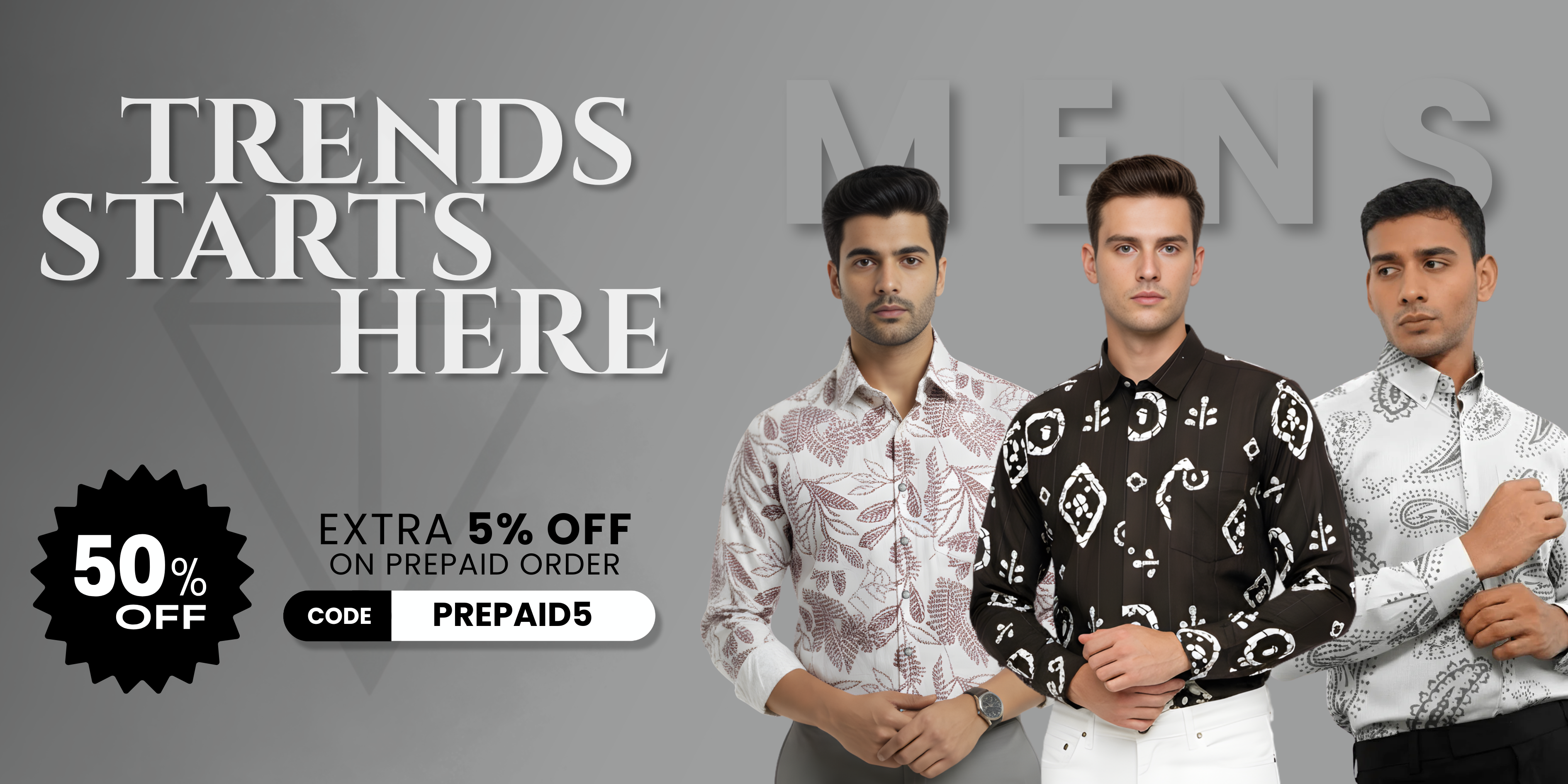 Three men modeling patterned shirts with promotional text on a gray background