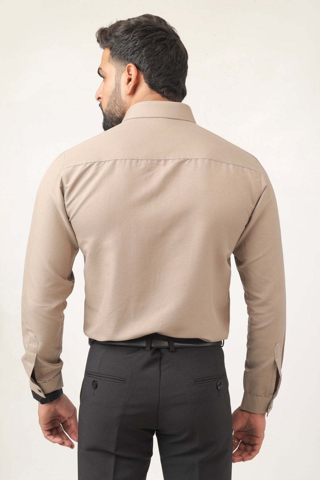 Back view of slim fit beige men's shirt