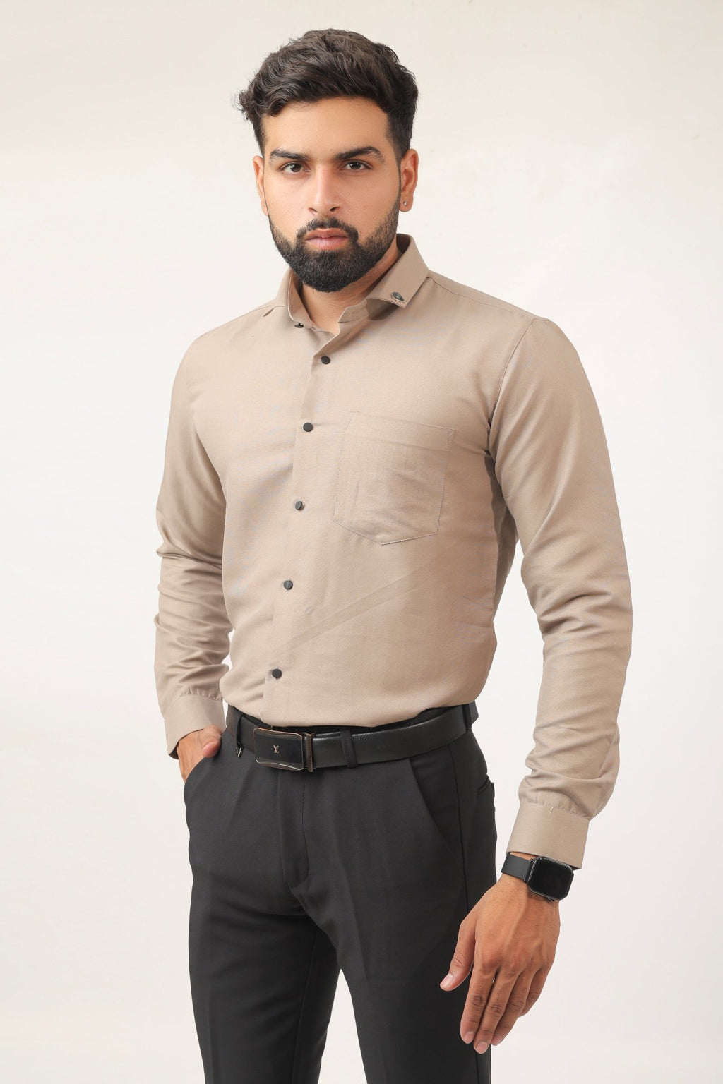 Side view of beige cotton shirt for men