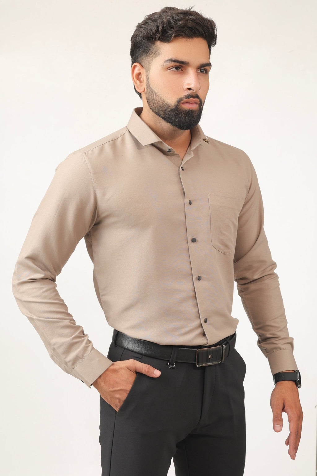 Side view of beige cotton shirt for men