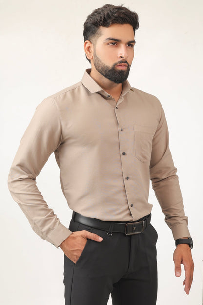Side view of beige cotton shirt for men