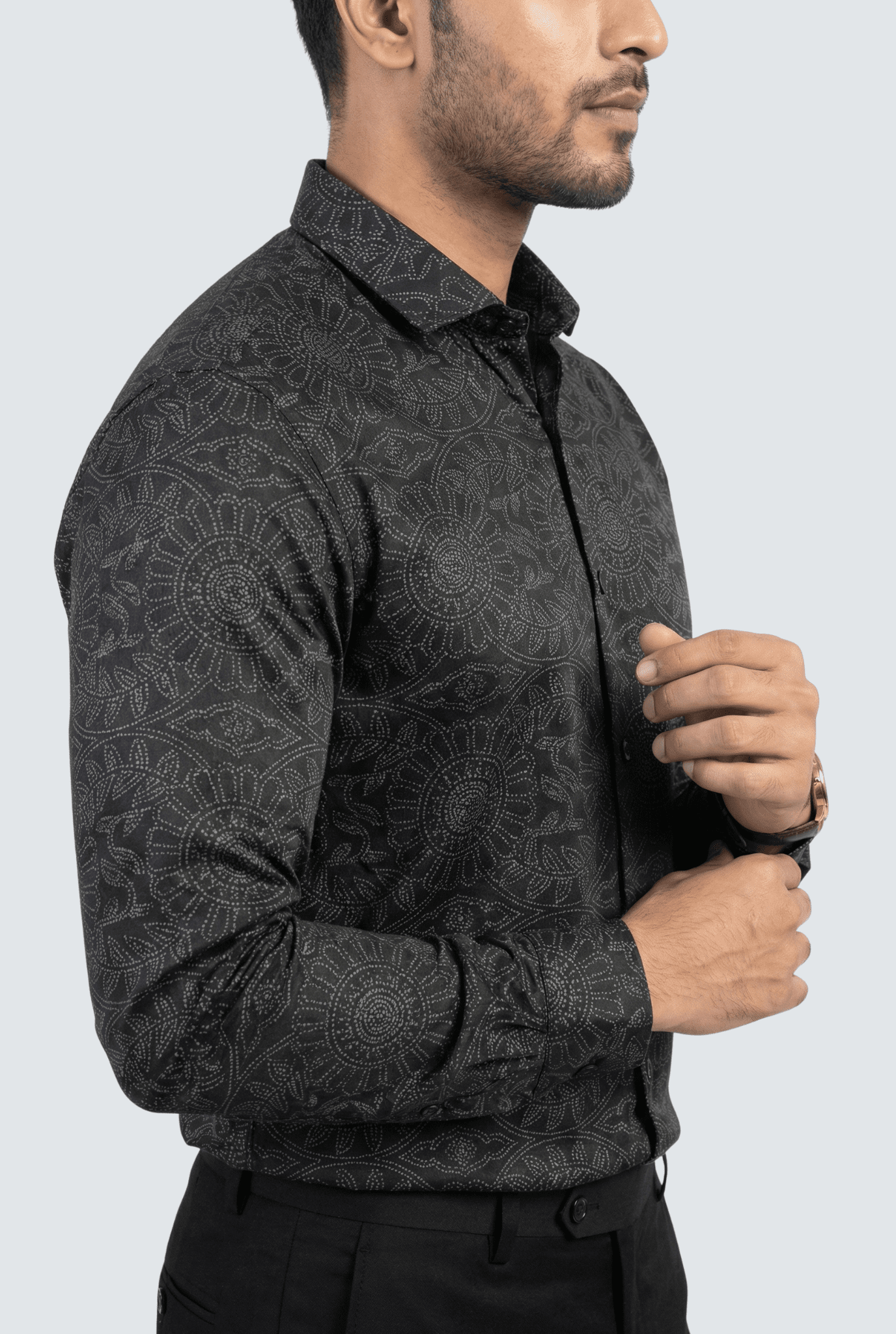 Side view of black cotton dobby printed shirt for men in slim fit