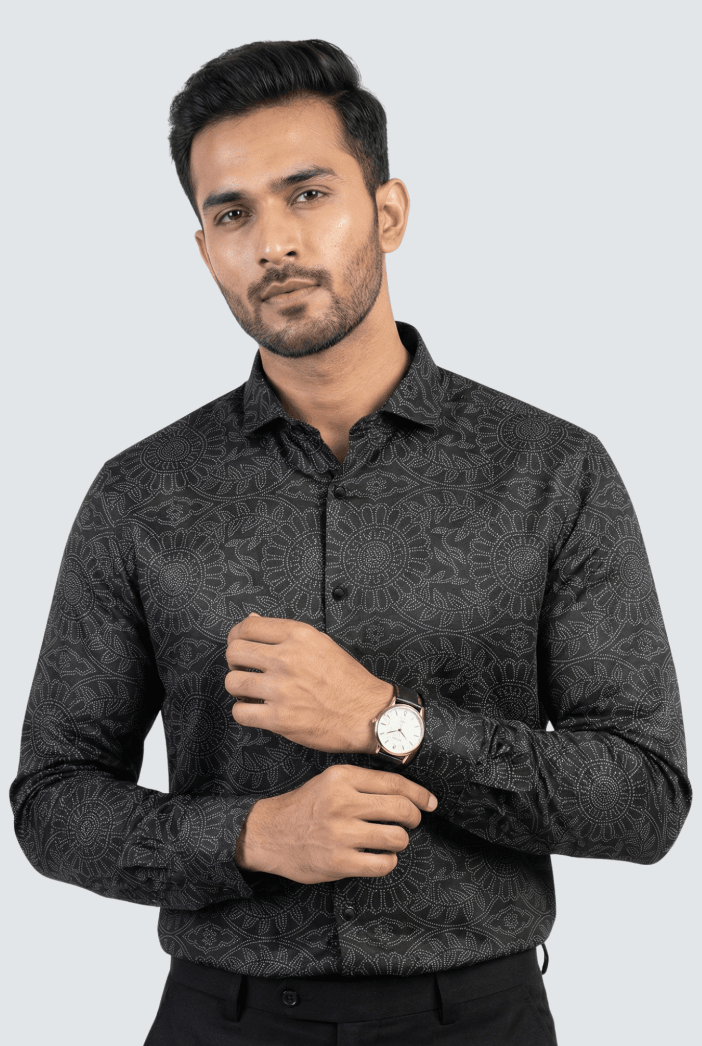 Black cotton dobby shirt with subtle tonal print for men, slim fit casual and formal wear