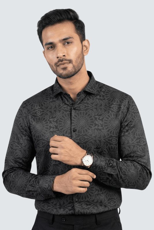 Black cotton dobby shirt with subtle tonal print for men, slim fit casual and formal wear