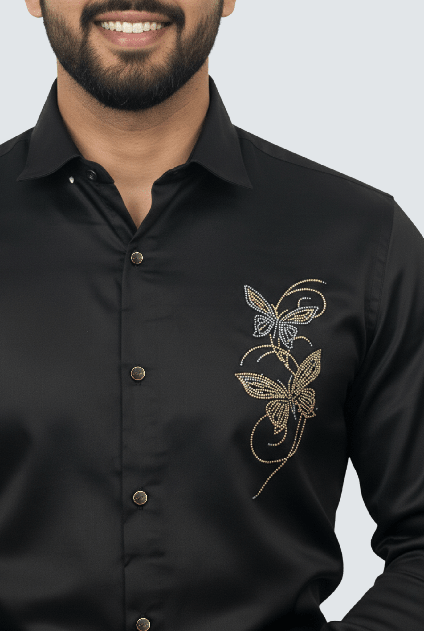 Black Imperial Embroidered Satin Shirt (1806) - KITES CLUB