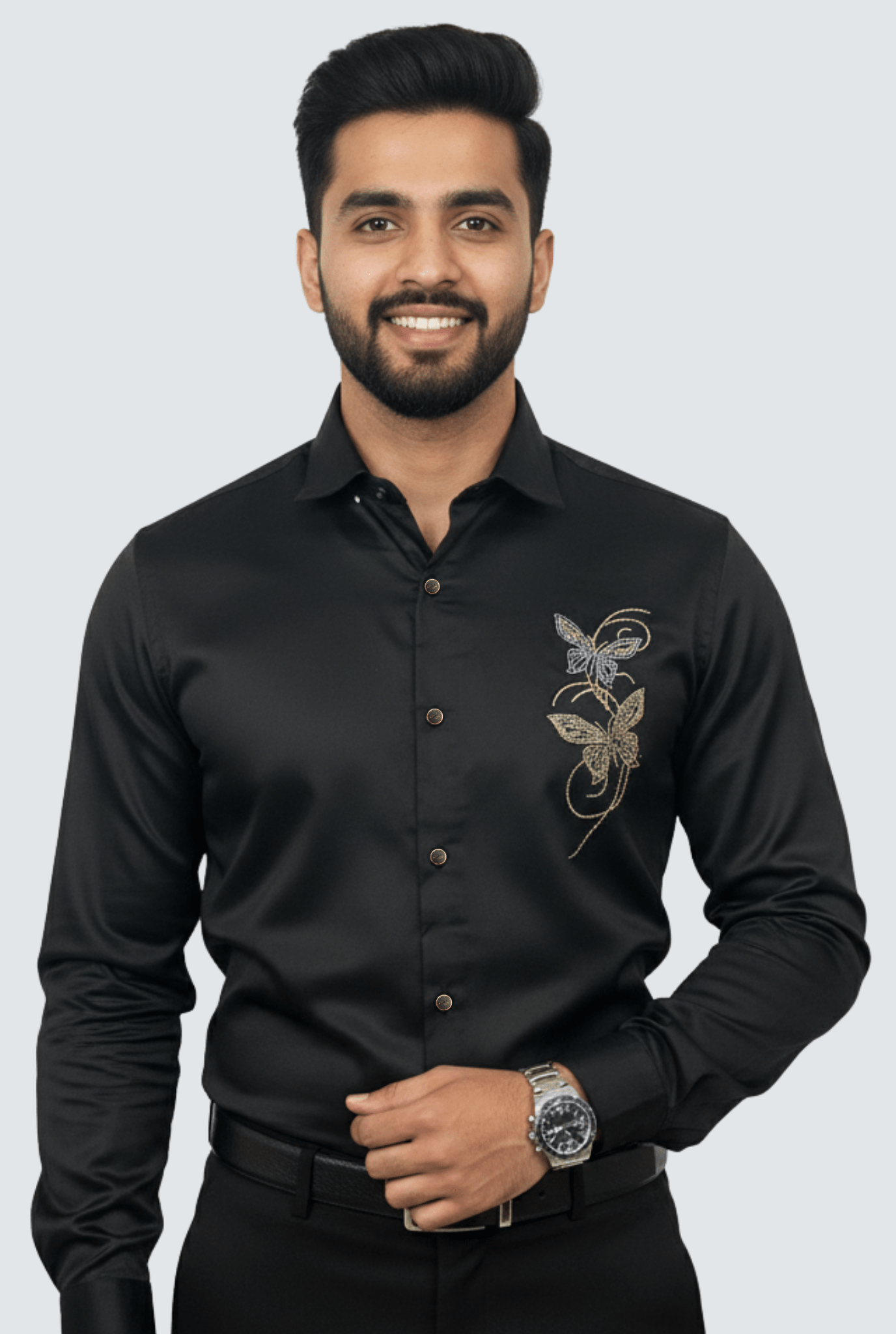 Black Imperial Embroidered Satin Shirt (1806) - KITES CLUB