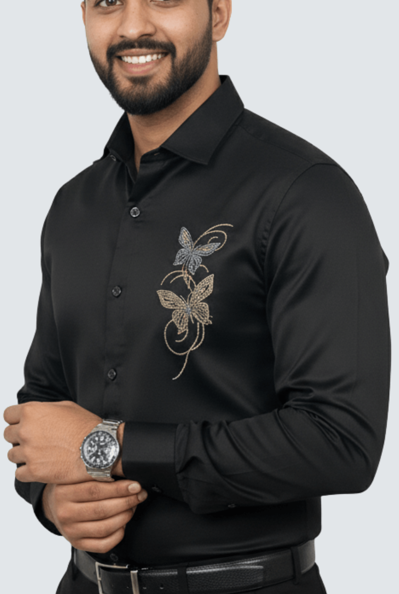 Black Imperial Embroidered Satin Shirt (1806) - KITES CLUB