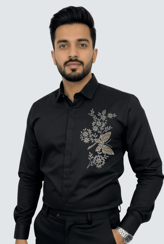 Black Imperial Embroidered Satin Shirt (1807) - KITES CLUB