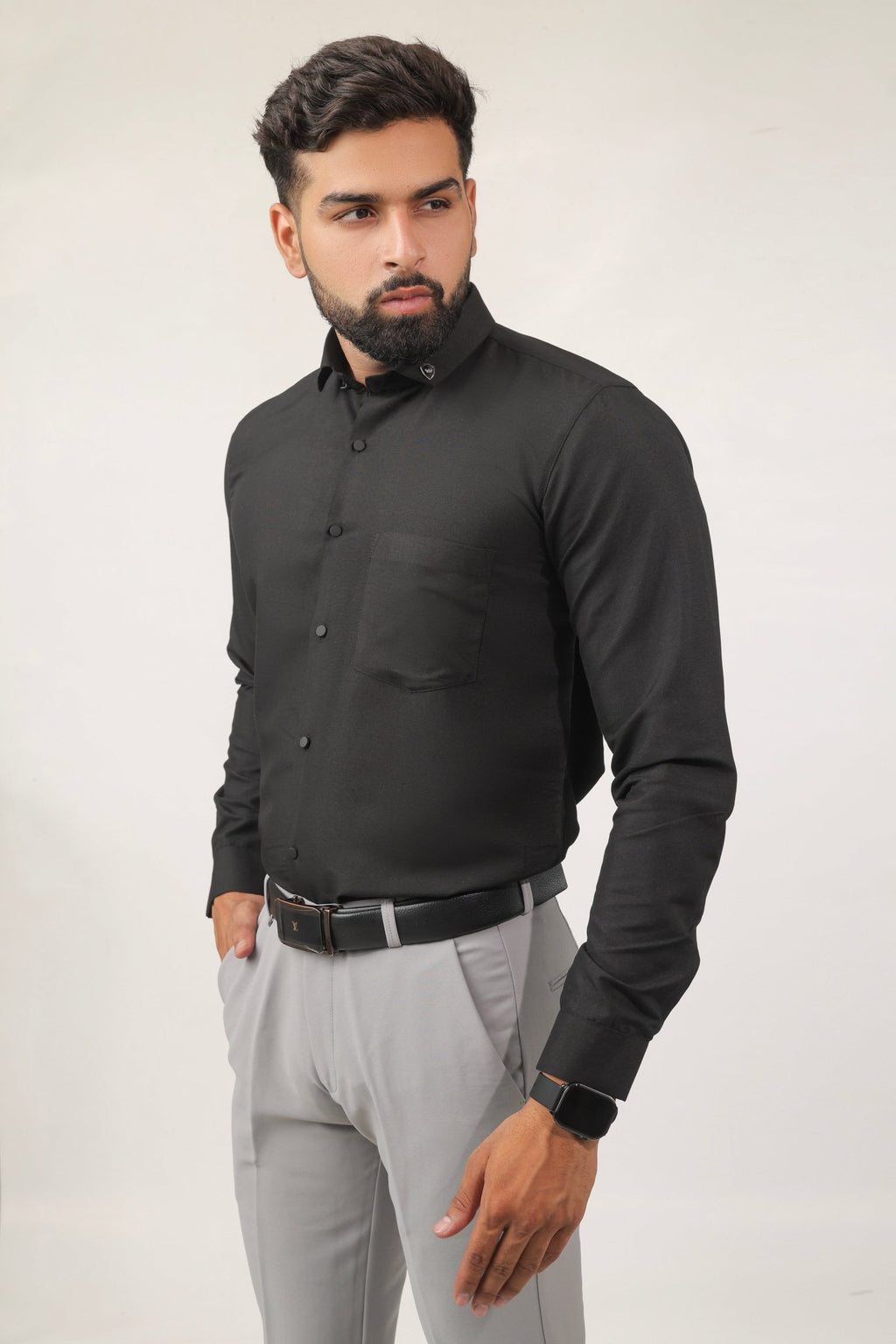 Side view of black slim fit cotton shirt for men