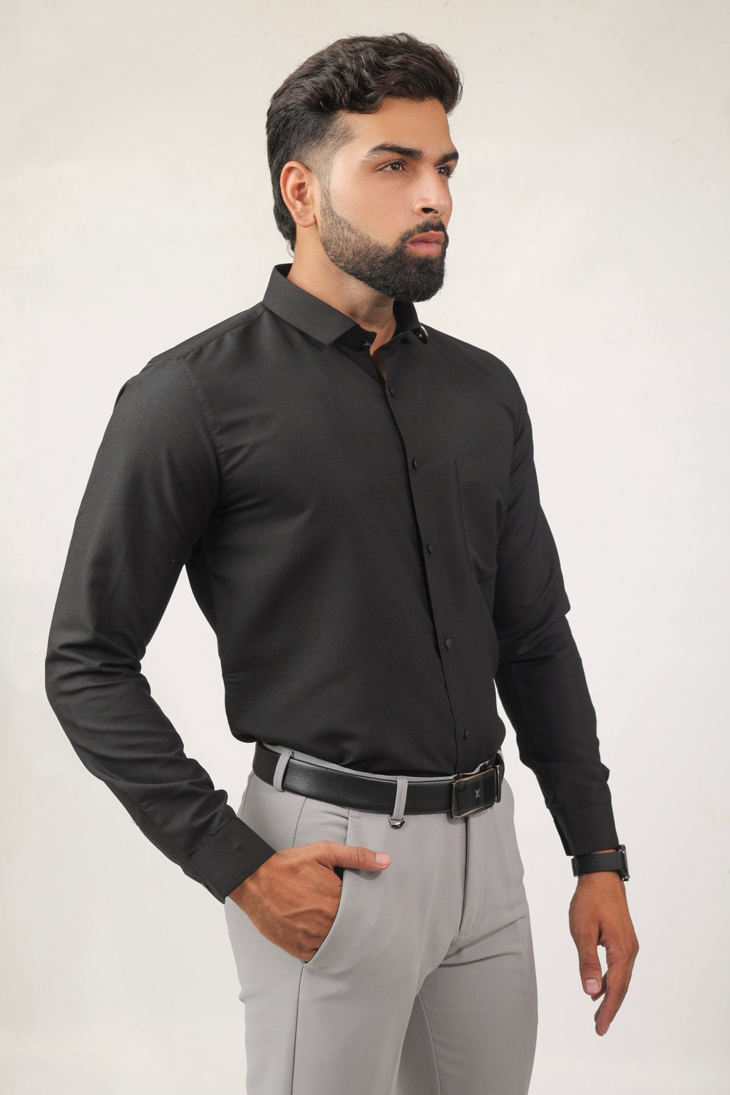 Side view of black slim fit cotton shirt for men