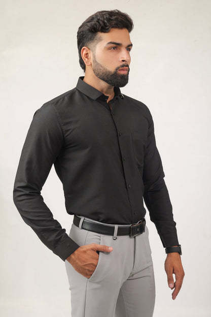 Side view of black slim fit cotton shirt for men
