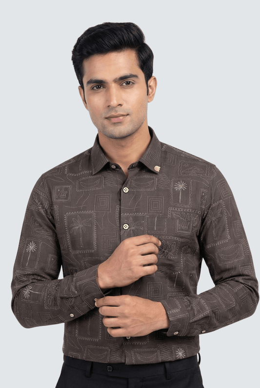 Brown Dobby Printed Cotton Shirt for Men - KITES CLUB