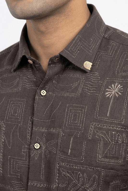 Brown Dobby Printed Cotton Shirt for Men - KITES CLUB