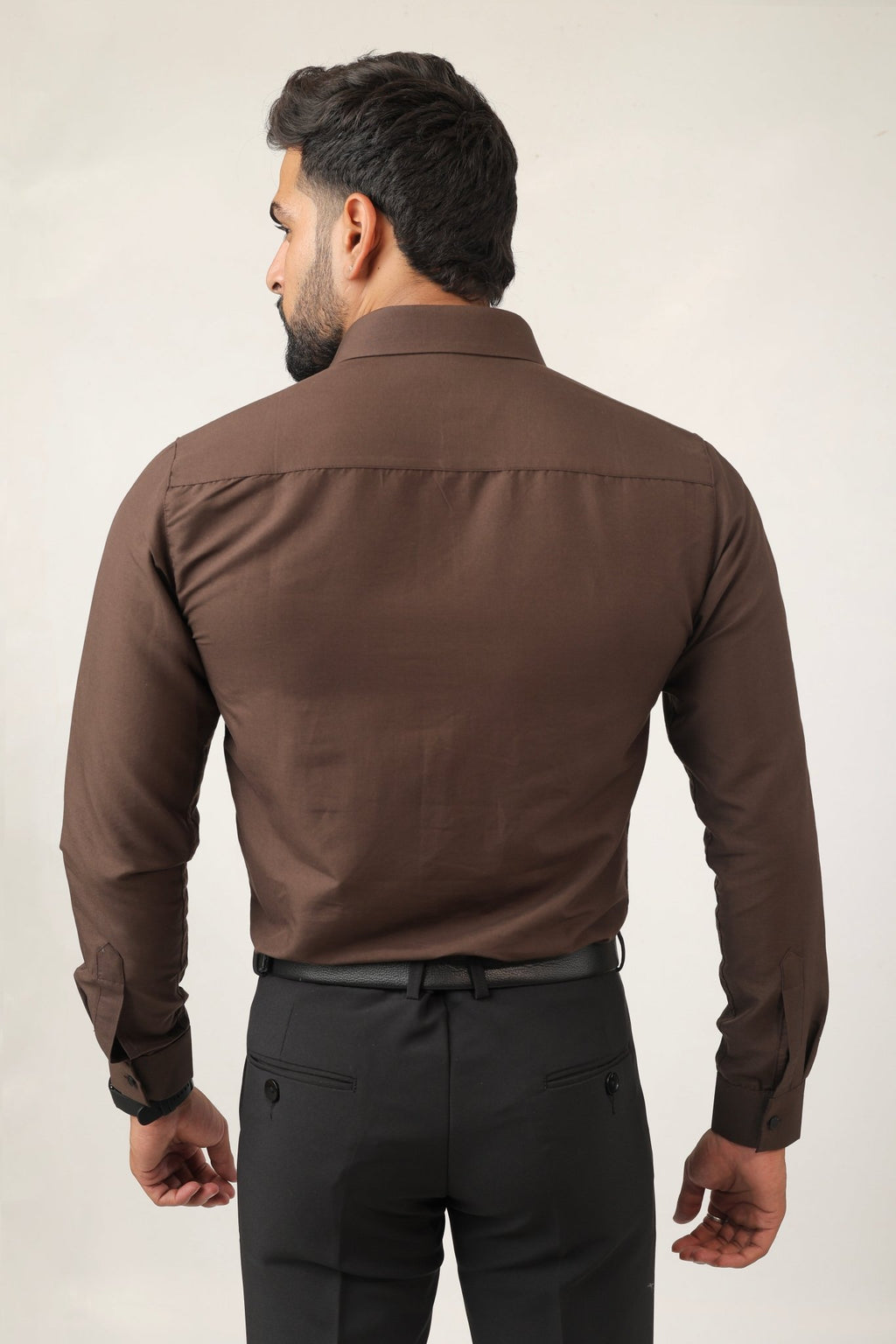 Back view of brown slim fit shirt for men