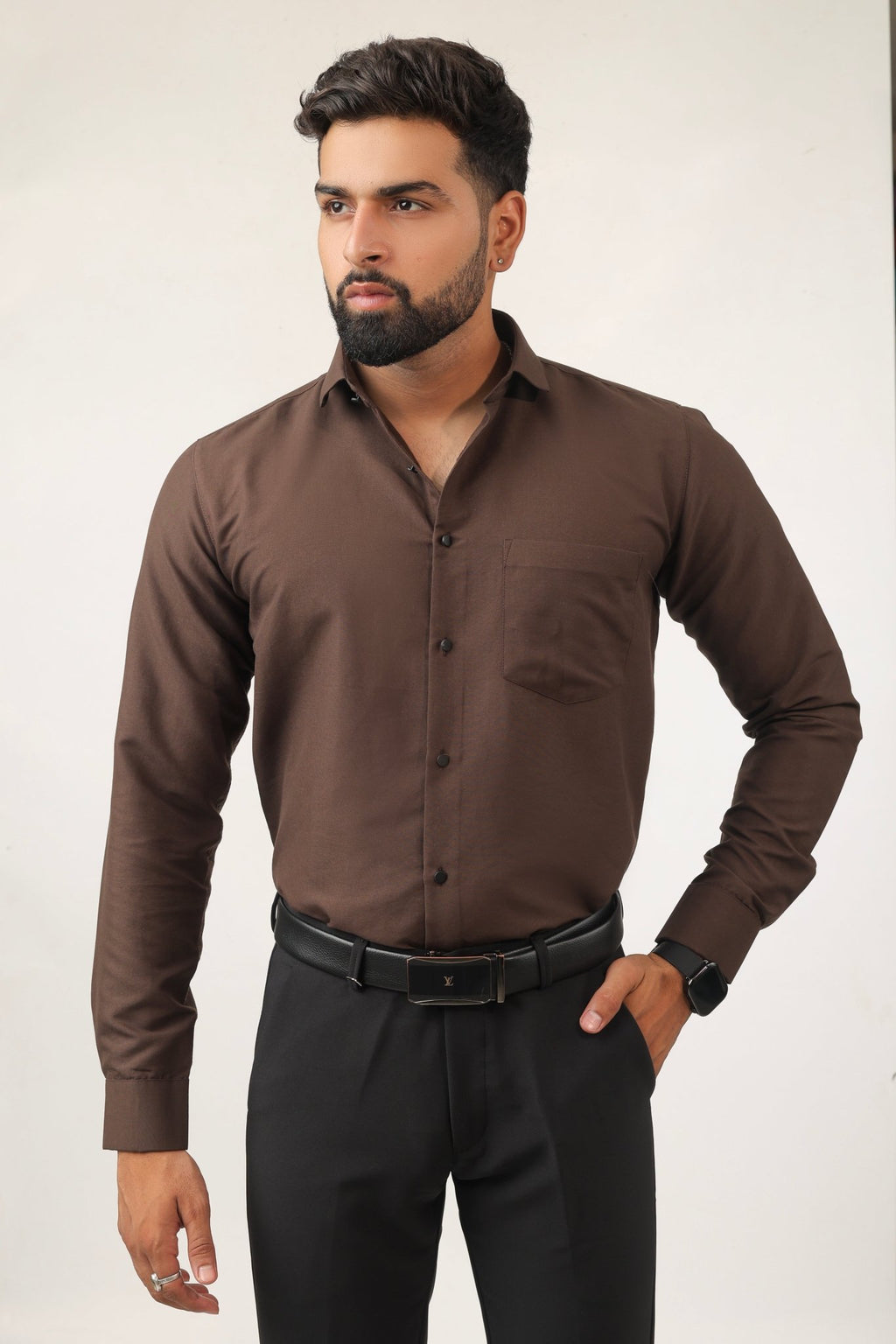 Brown cotton men's shirt front view – slim fit style