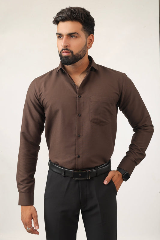 Brown cotton men's shirt front view – slim fit style