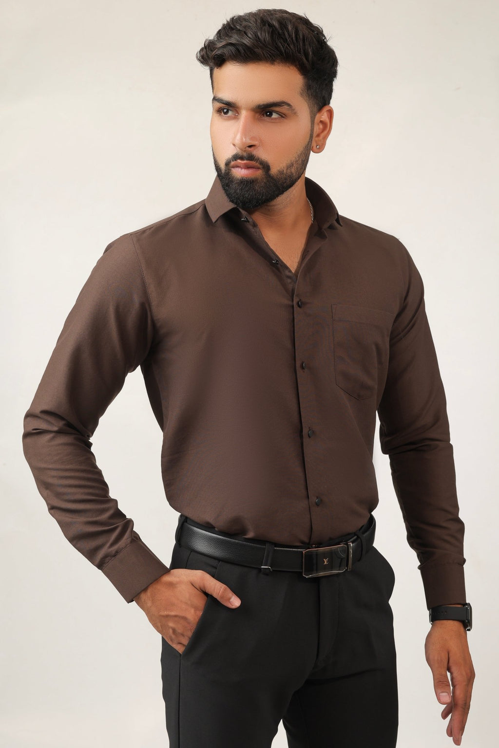 Side view of brown cotton shirt – breathable and stylish