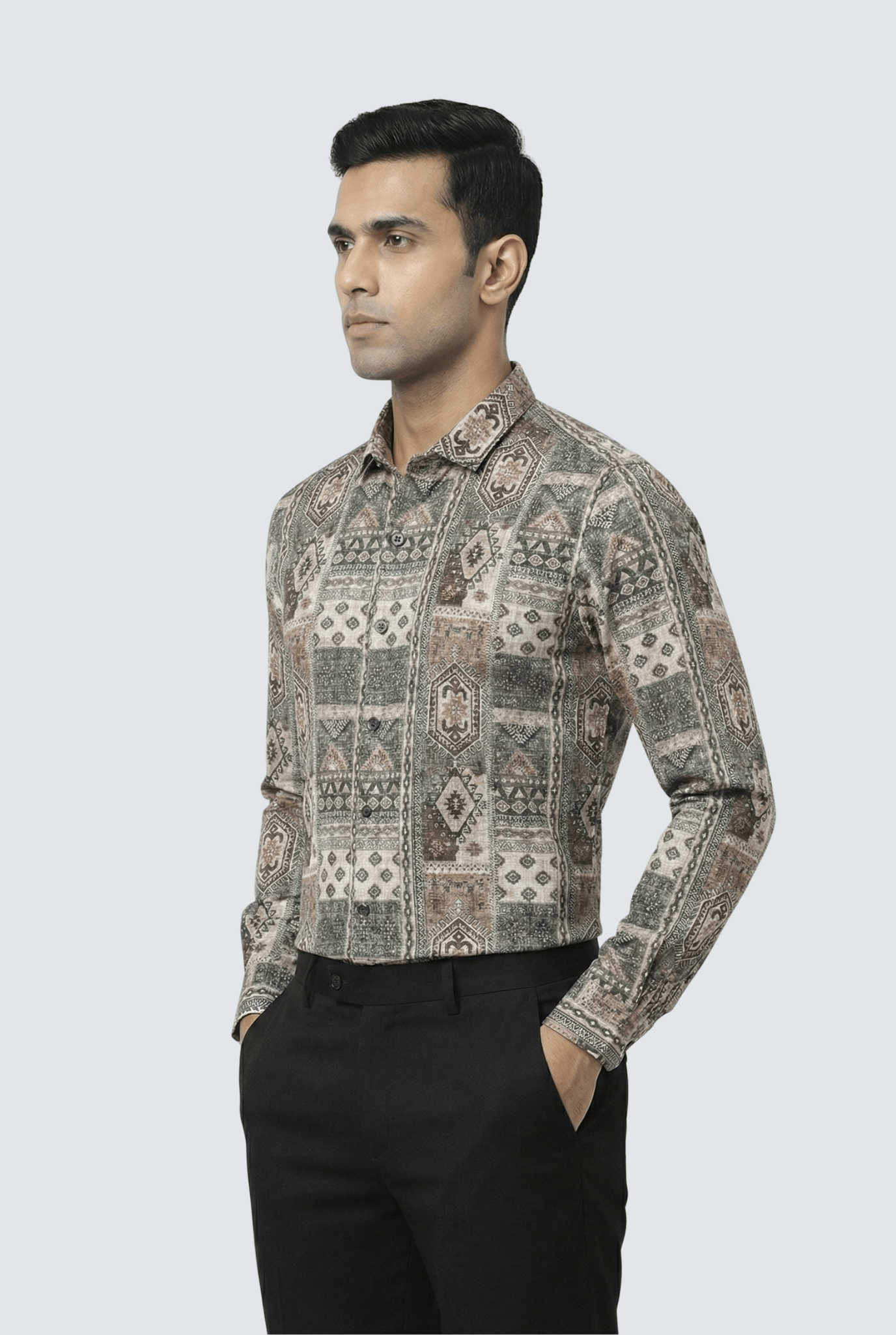 “Side view of men’s multicolour printed shirt – regular fit”