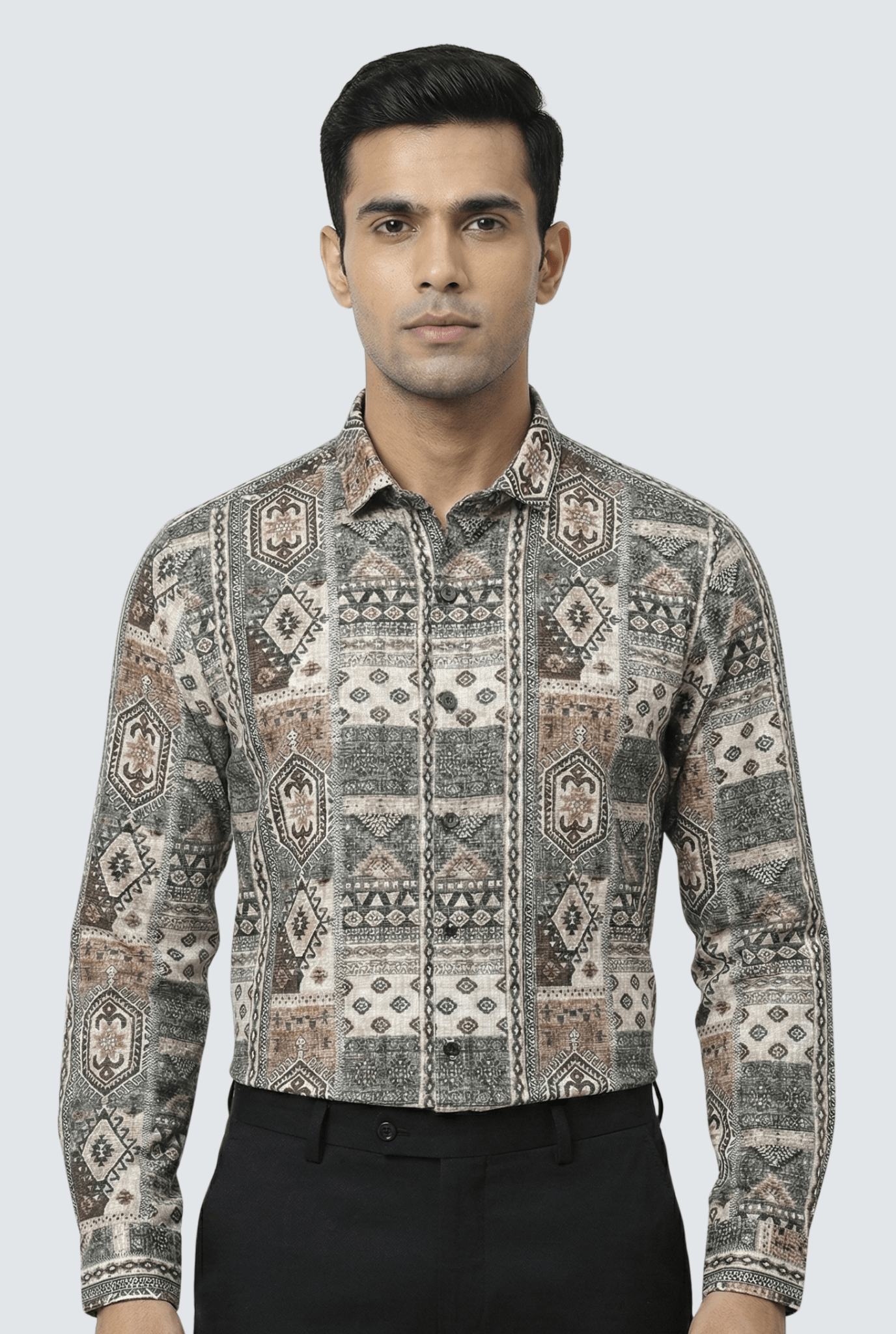 “Men’s multicolour printed shirt – regular fit front view”