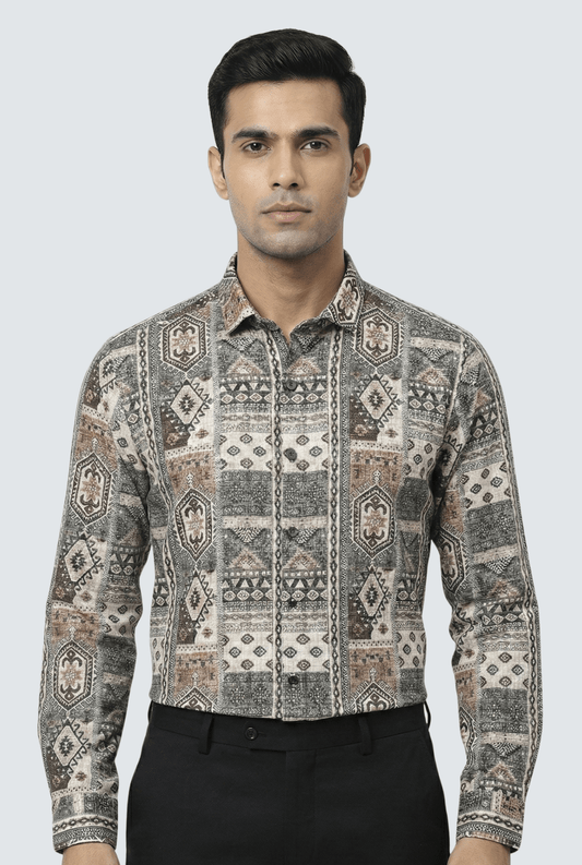 “Men’s multicolour printed shirt – regular fit front view”