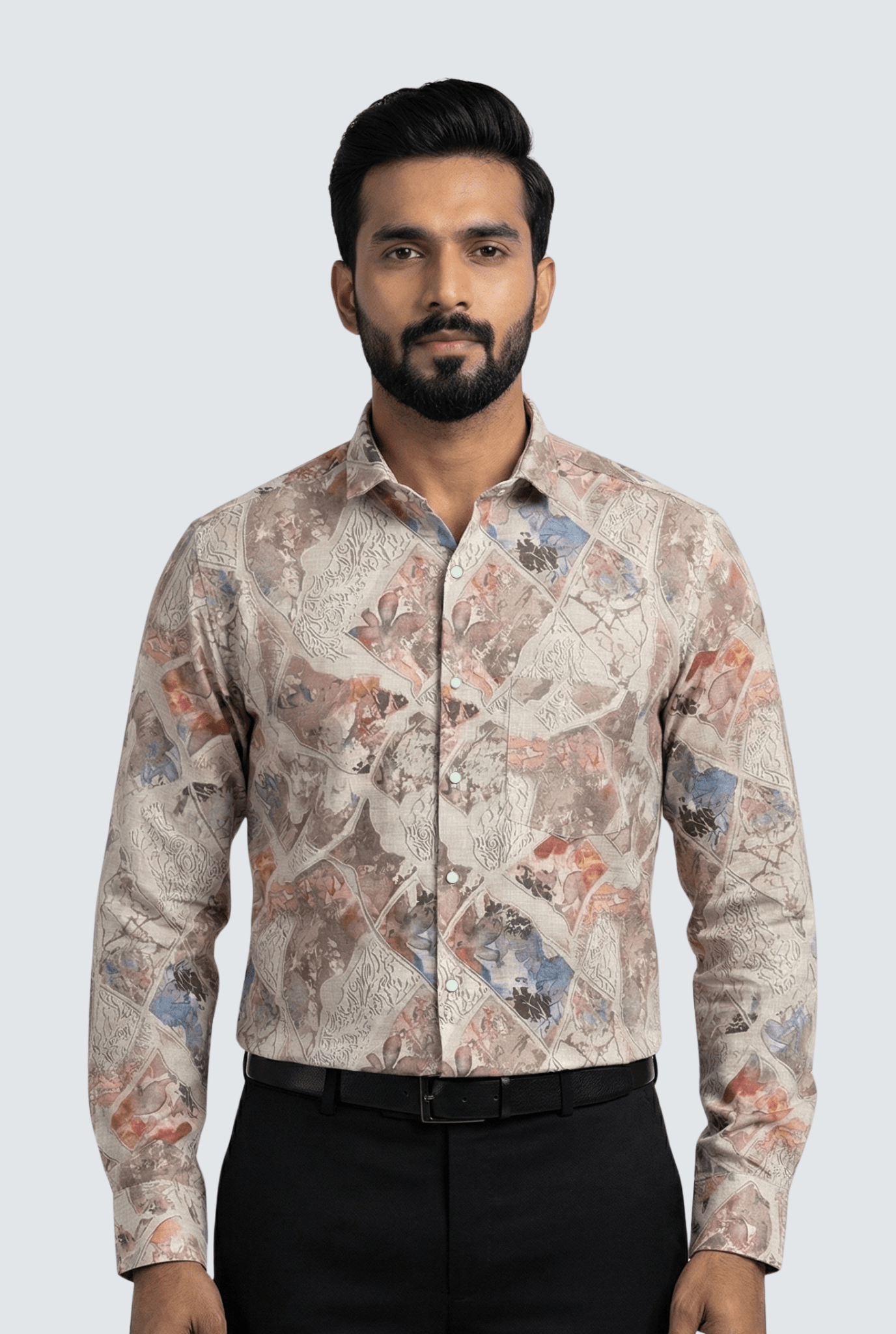 “Men’s brown natural printed cotton shirt – regular fit front view”