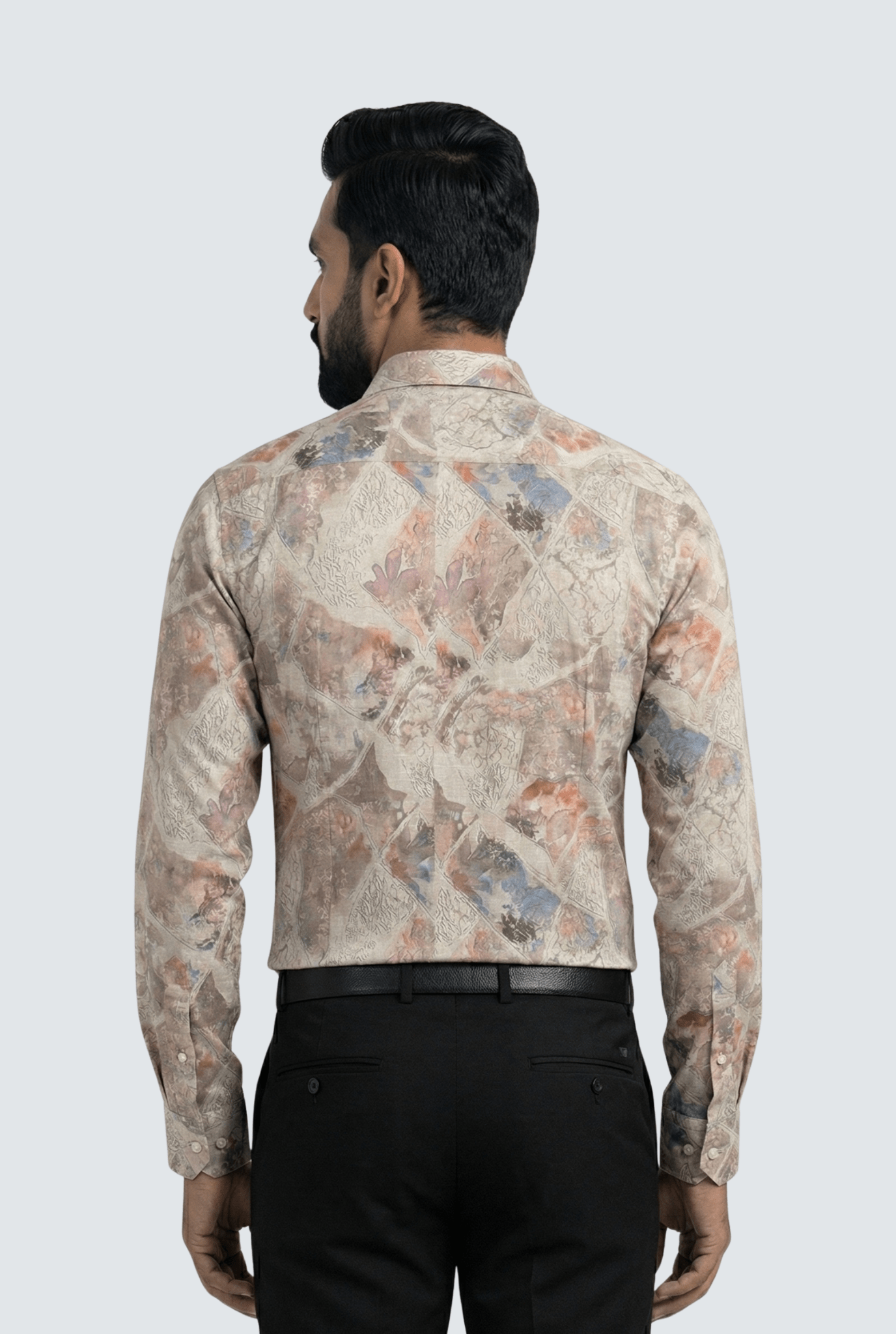 “Back Side view of men’s brown natural printed cotton shirt – regular fit”
