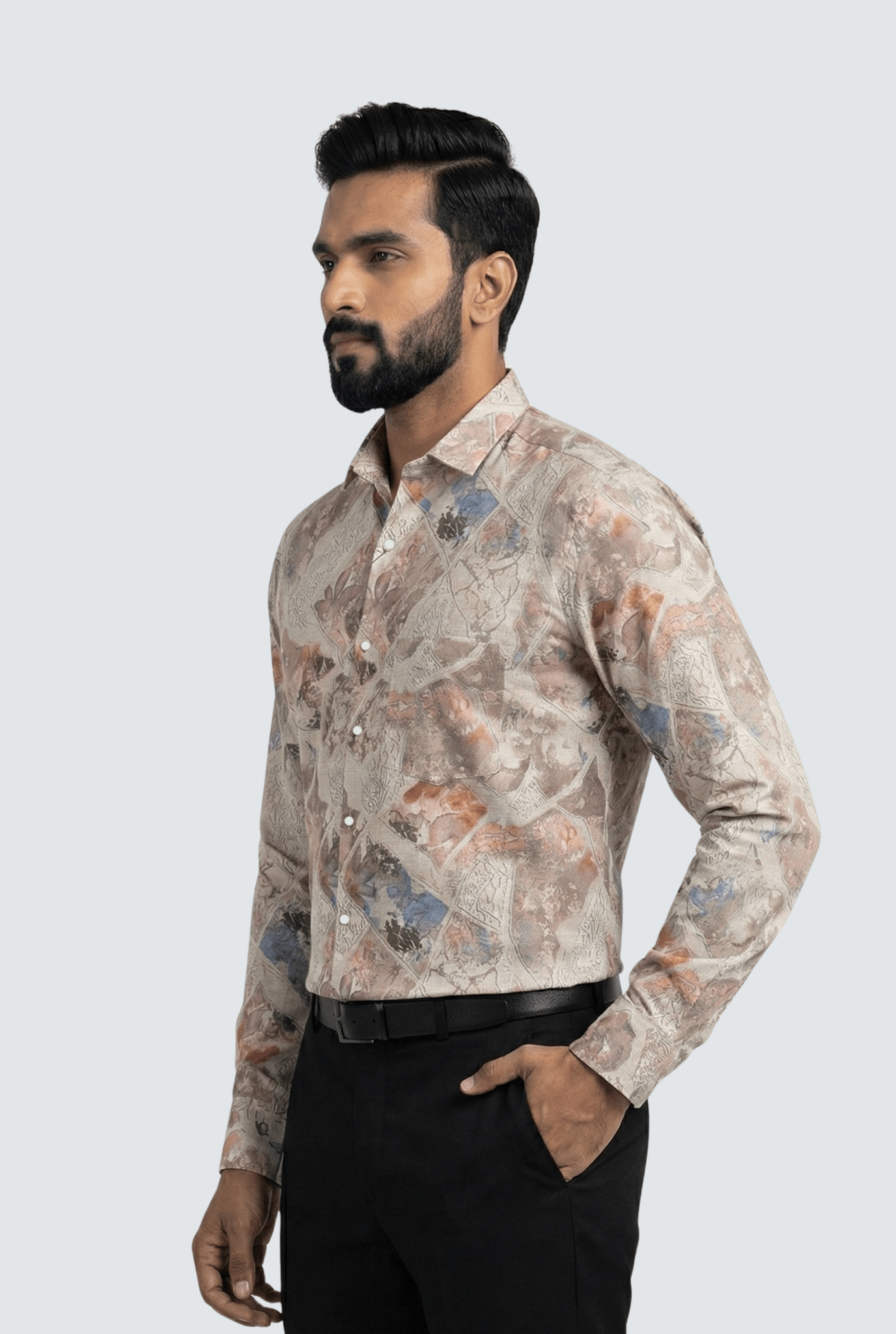 “Side view of men’s brown natural printed cotton shirt – regular fit”