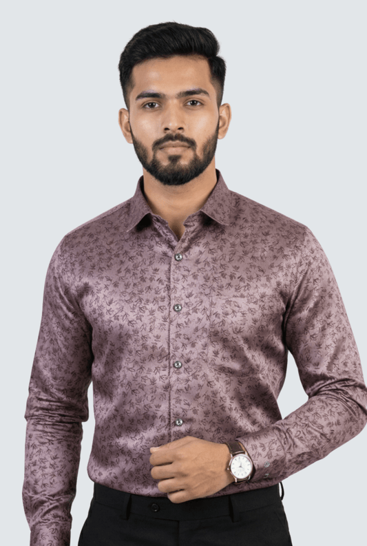 Brown printed poly satin shirt for men – premium formal wear