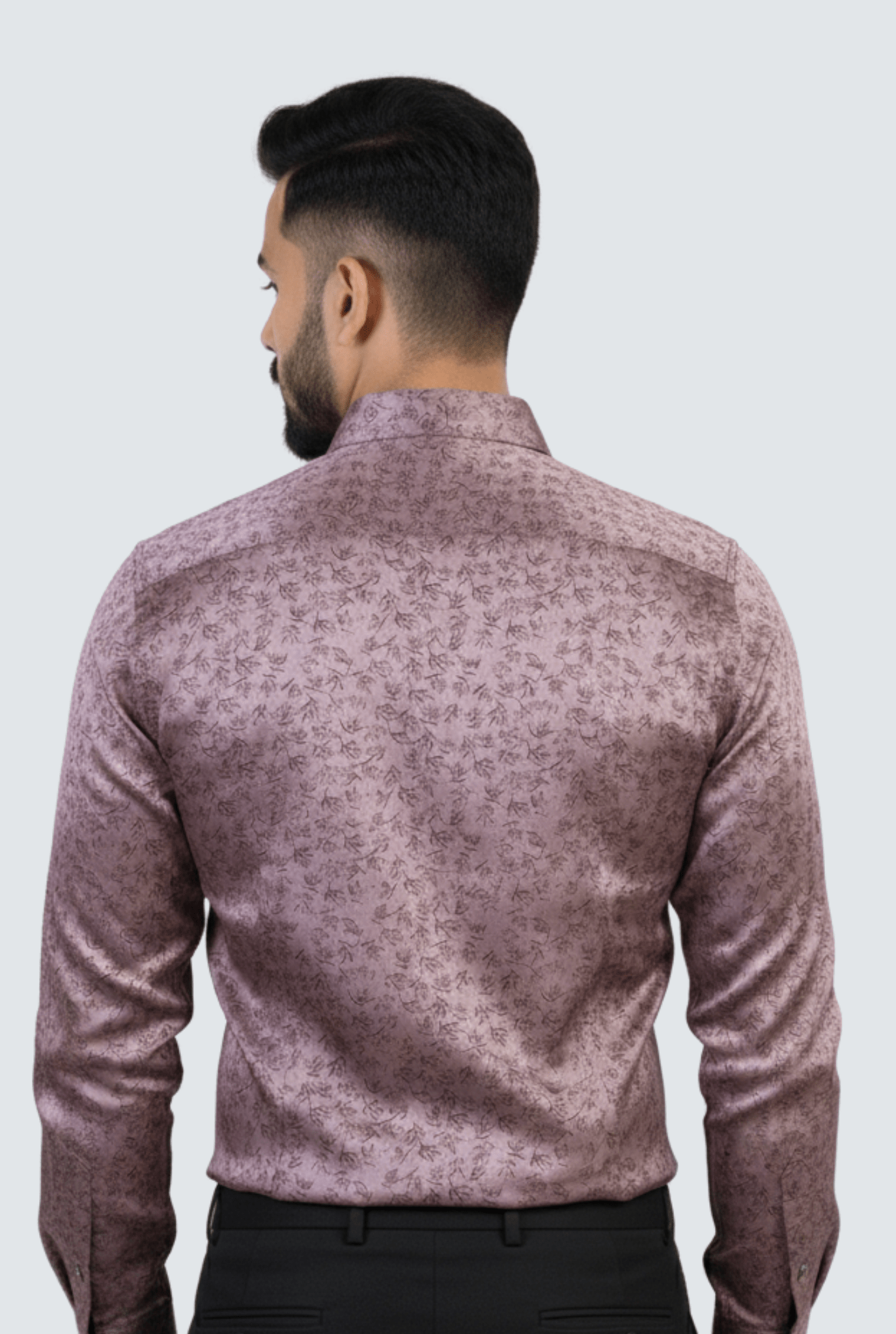 Brown printed poly satin shirt back view for men