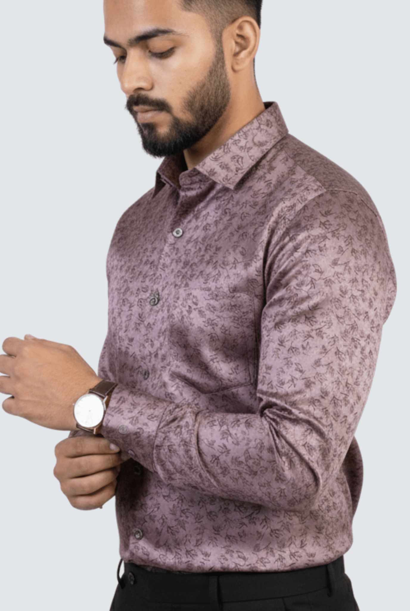 Men’s brown printed poly satin shirt side view – stylish shirt