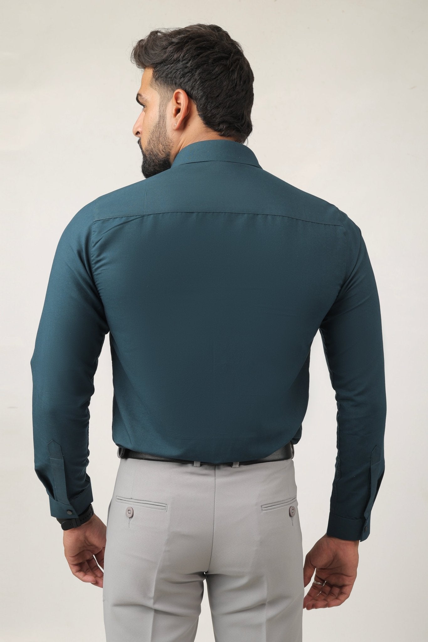 Back view of teal green cotton shirt – stylish men's fit