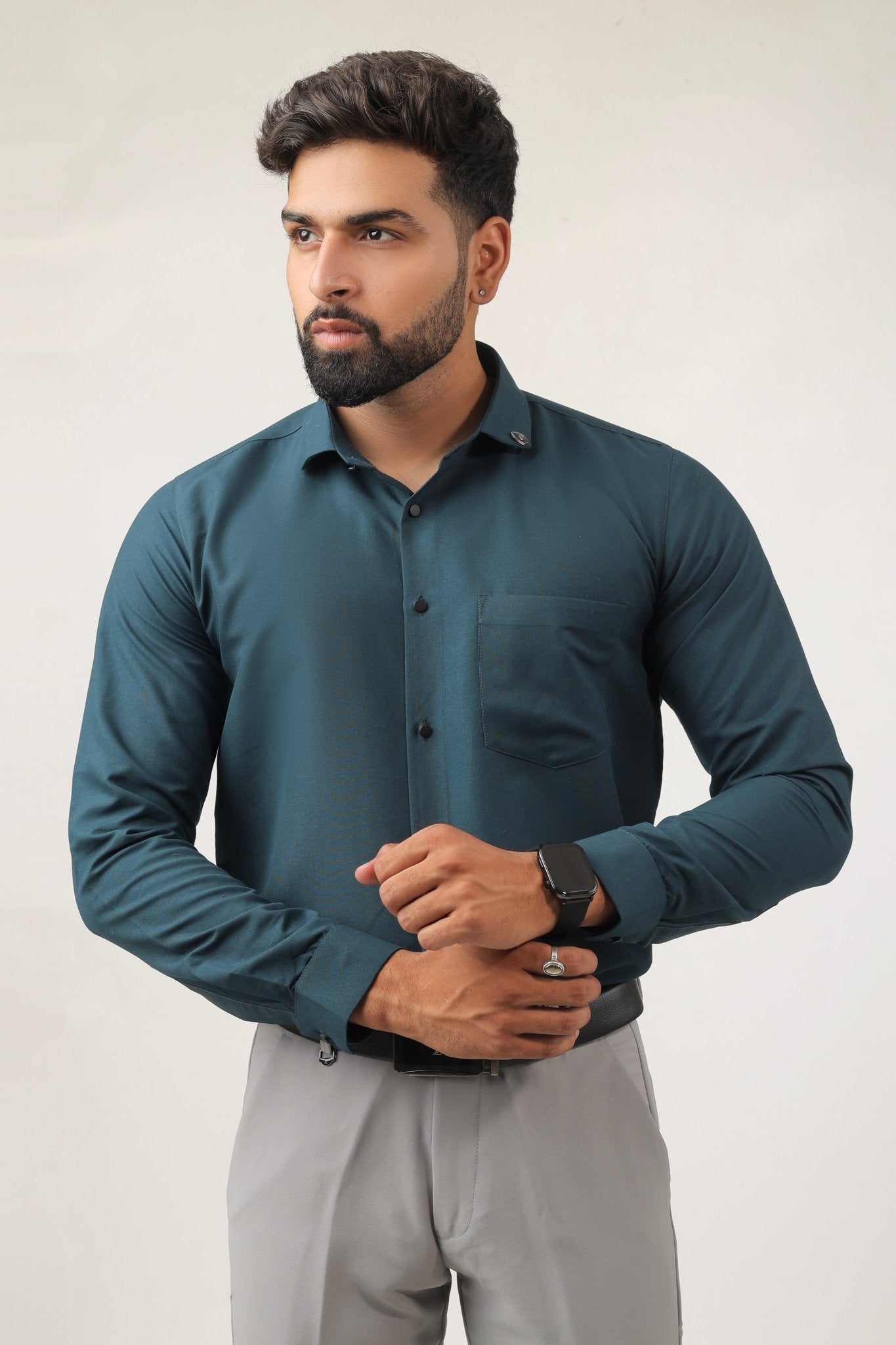 Teal green cotton men's shirt – slim fit front view