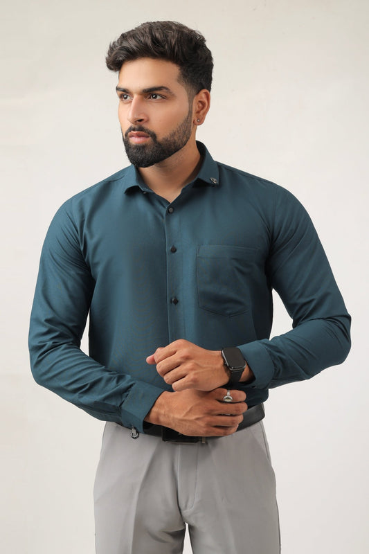 Teal green cotton men's shirt – slim fit front view