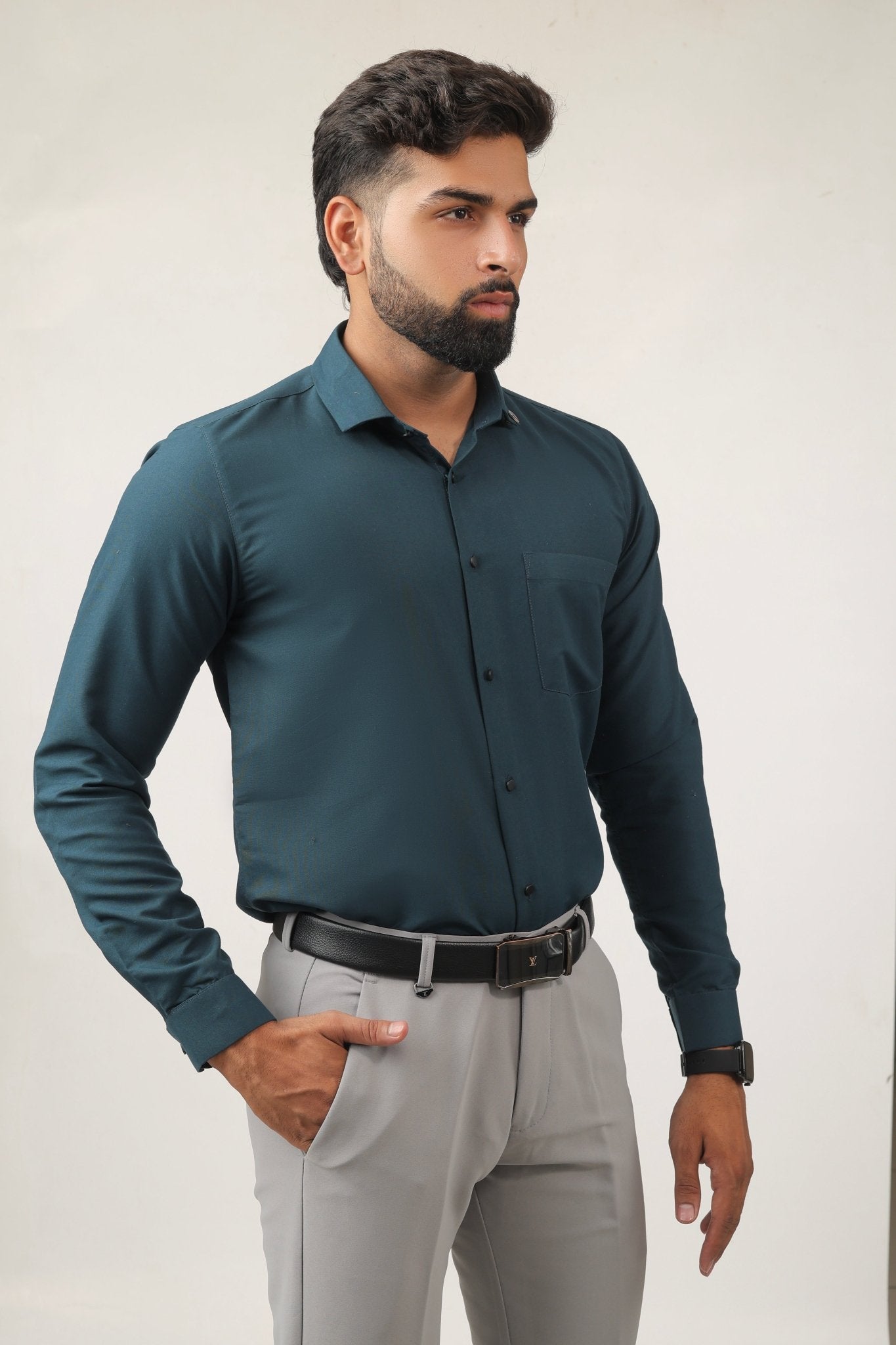 Side view of teal green shirt – breathable cotton design