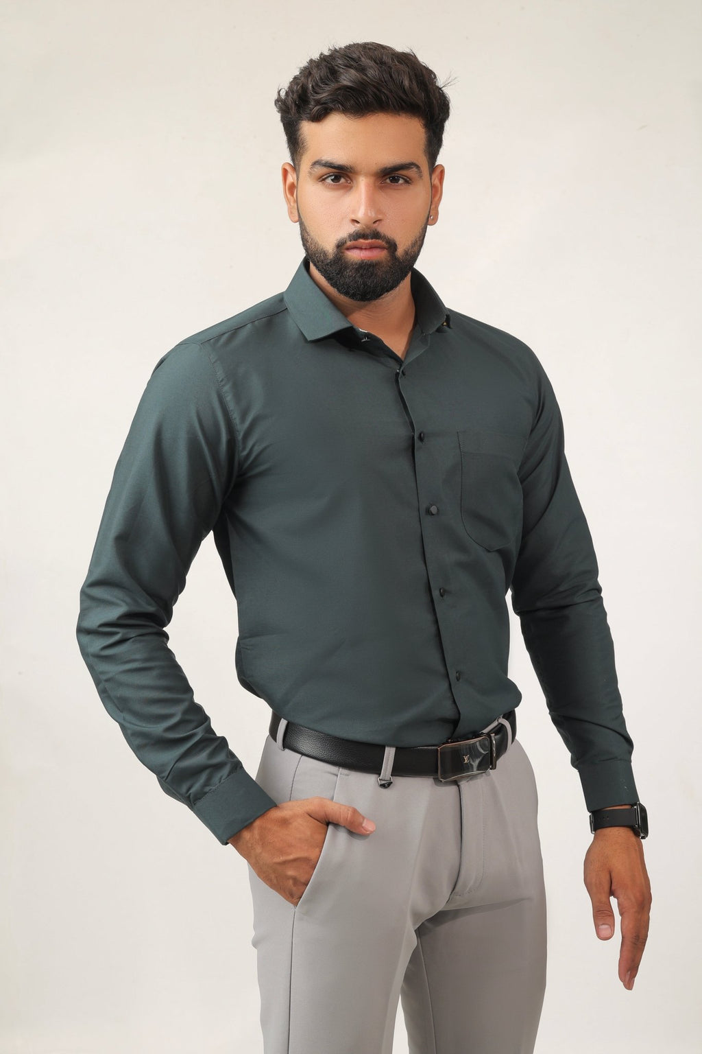 Side view of dark green cotton shirt for men