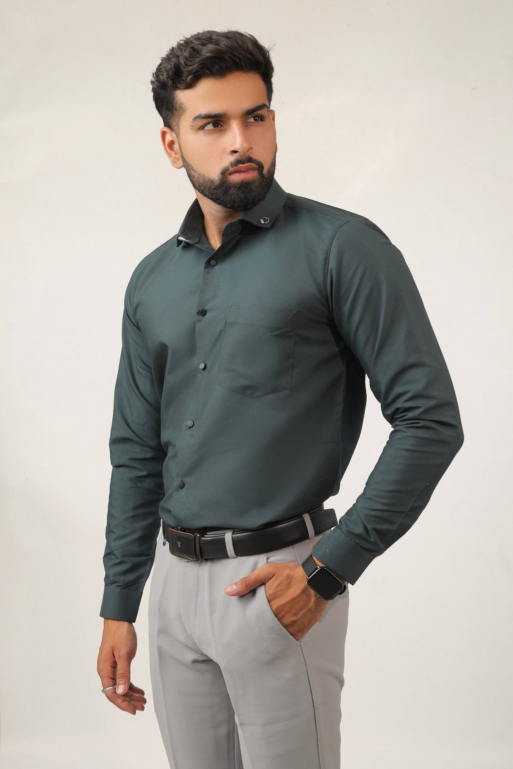 Side view of dark green cotton shirt for men