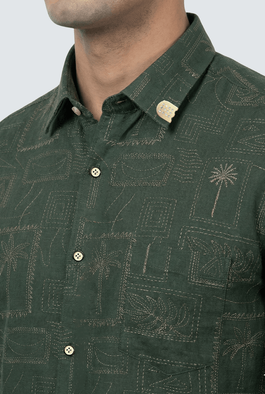 Green dobby printed cotton shirt fabric texture – premium cotton material