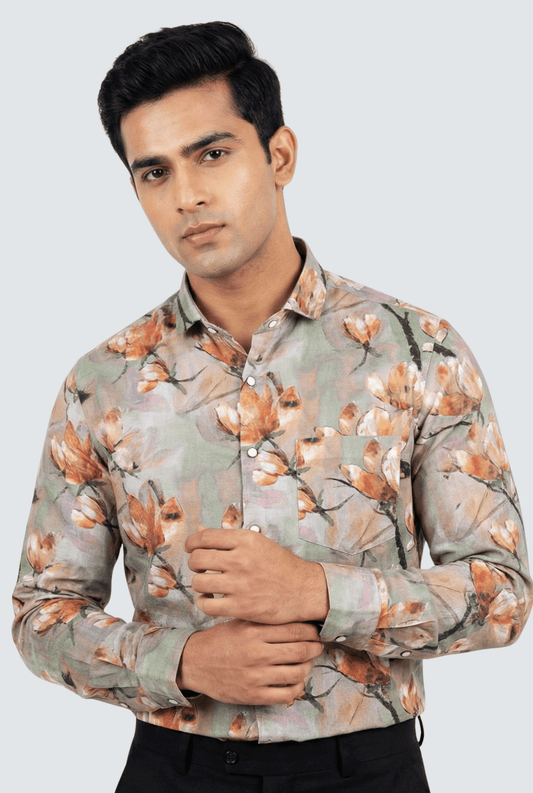 Grey Natural Linen Floral Digital Print Shirt - KITES CLUB
