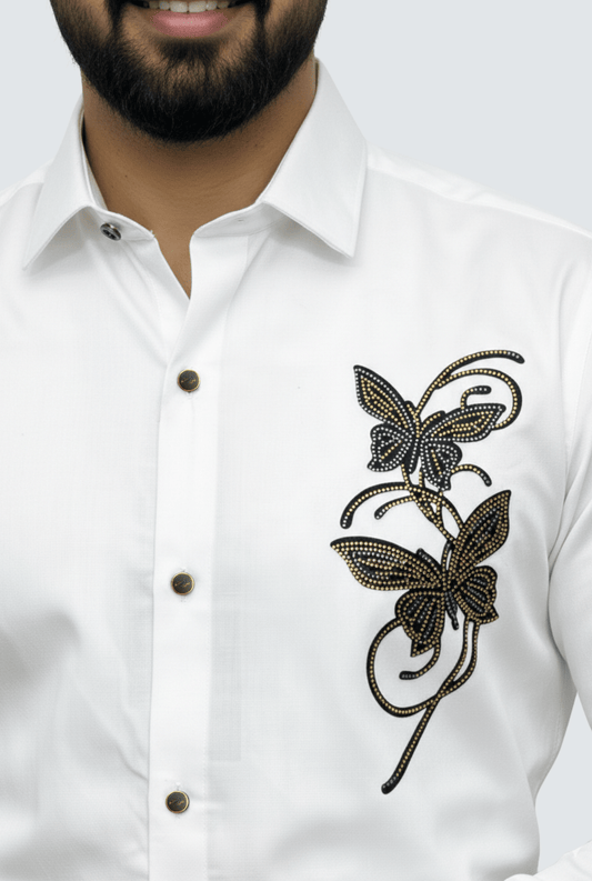 Imperial White Satin Embroidered Shirt(1806) - KITES CLUB